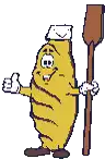 a cartoon drawing of a potato holding two wooden paddle sticks