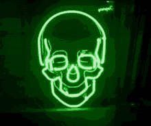 a green and purple skull with headphones and glasses