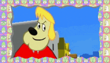 a cartoon dog with blonde hair and a red shirt is in a picture frame .