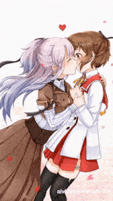 a couple of anime girls kissing with aivideogenerator.me in the corner