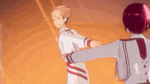 a couple of anime characters are dancing together with their arms outstretched
