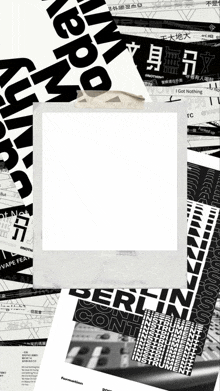 a collage of black and white papers including one that says berlin on it