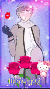 a drawing of a man with a hello kitty behind him