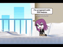 a girl with purple hair is sitting on a bed and talking about being pregnant with 350 babies