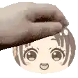 a hand is petting a cartoon girl 's head with a towel .