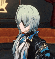 a cartoon character with long white hair is wearing a blue and black jacket