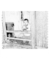 a black and white drawing of a child with the words shot on flickr at the top