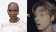 a woman with a shaved head is next to a man with a shaved head .