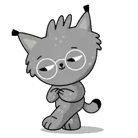 a cartoon drawing of a gray cat with glasses on