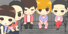 a group of cartoon characters are sitting on a staircase