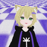 a girl with cat ears is wearing a black hoodie with a white arrow on it