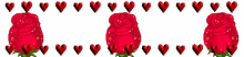 a row of three cartoon characters holding roses and hearts .
