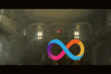 a colorful infinity symbol is displayed in front of a building