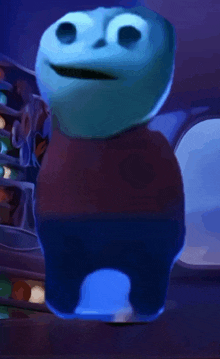 a cartoon character with a blue face and a red shirt