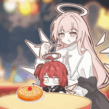 a drawing of two anime characters sitting at a table with a pie on the table