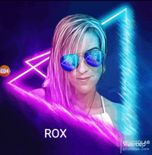 a woman wearing sunglasses with the name rox on the bottom