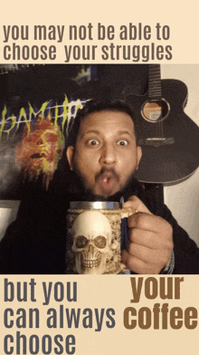 a man holding a mug with a skull on it and a guitar in the background