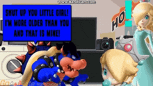 a video game character with a sign that says shut up you little girl