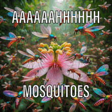 a bunch of mosquitoes are flying around a flower