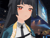 a girl stands in front of a large screen with the word evo on it
