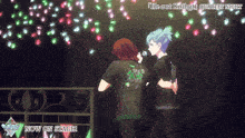 two anime characters standing next to each other with the words now on stage