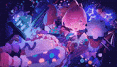 a girl with pink hair and blue eyes is surrounded by colorful items