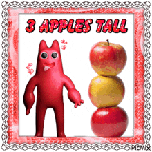a picture of three apples stacked on top of each other with the words 3 apples tall above them