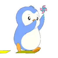 a blue and white penguin holding a pinwheel with a pink heart in the background