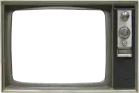 an old fashioned television with a white screen and a clock