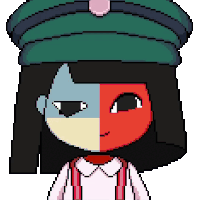a pixel art of a girl with a hat and suspenders .