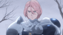 a man with pink hair is wearing a knight armor