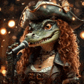 a crocodile wearing a pirate hat and a leather jacket sings into a microphone