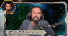 a man wearing headphones and a microphone with the name storyteller