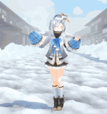 a cartoon character is standing in a snowy area with her arms outstretched