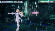 a girl is standing in front of a screen that says " beautiful world "
