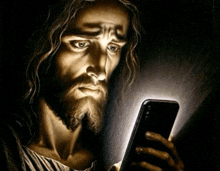 a painting of jesus looking at his cell phone
