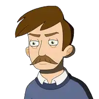 a cartoon man with a mustache is wearing a blue sweater