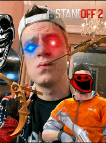 a poster for standoff 2 shows a man with red eyes