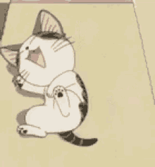 a cartoon cat is sitting on a couch with its mouth open and yawning .