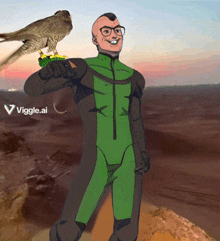 a man in a green suit is holding a bird on his shoulder with a viggle.ai logo in the background