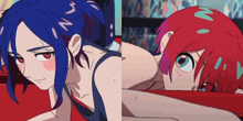 two anime girls one with blue hair and the other with red hair are shown