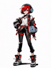 a girl with red hair is wearing headphones and a jacket
