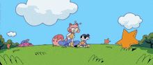 a cartoon drawing of a snail and a dog sitting in a field