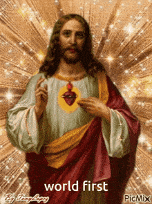 a painting of jesus with the words world first on the bottom