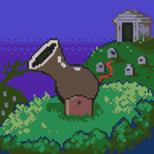 a pixel art drawing of a cemetery with graves and a tree branch in the foreground