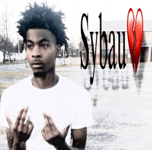 a young man giving the middle finger with sybau written on the bottom