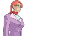 a cartoon drawing of a woman in a purple suit