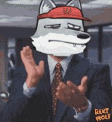 a man wearing a suit and tie with a wolf head on his head