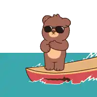 a teddy bear wearing sunglasses is standing on a surfboard in the ocean