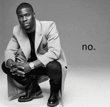 a black and white photo of a man with the word no on the bottom left